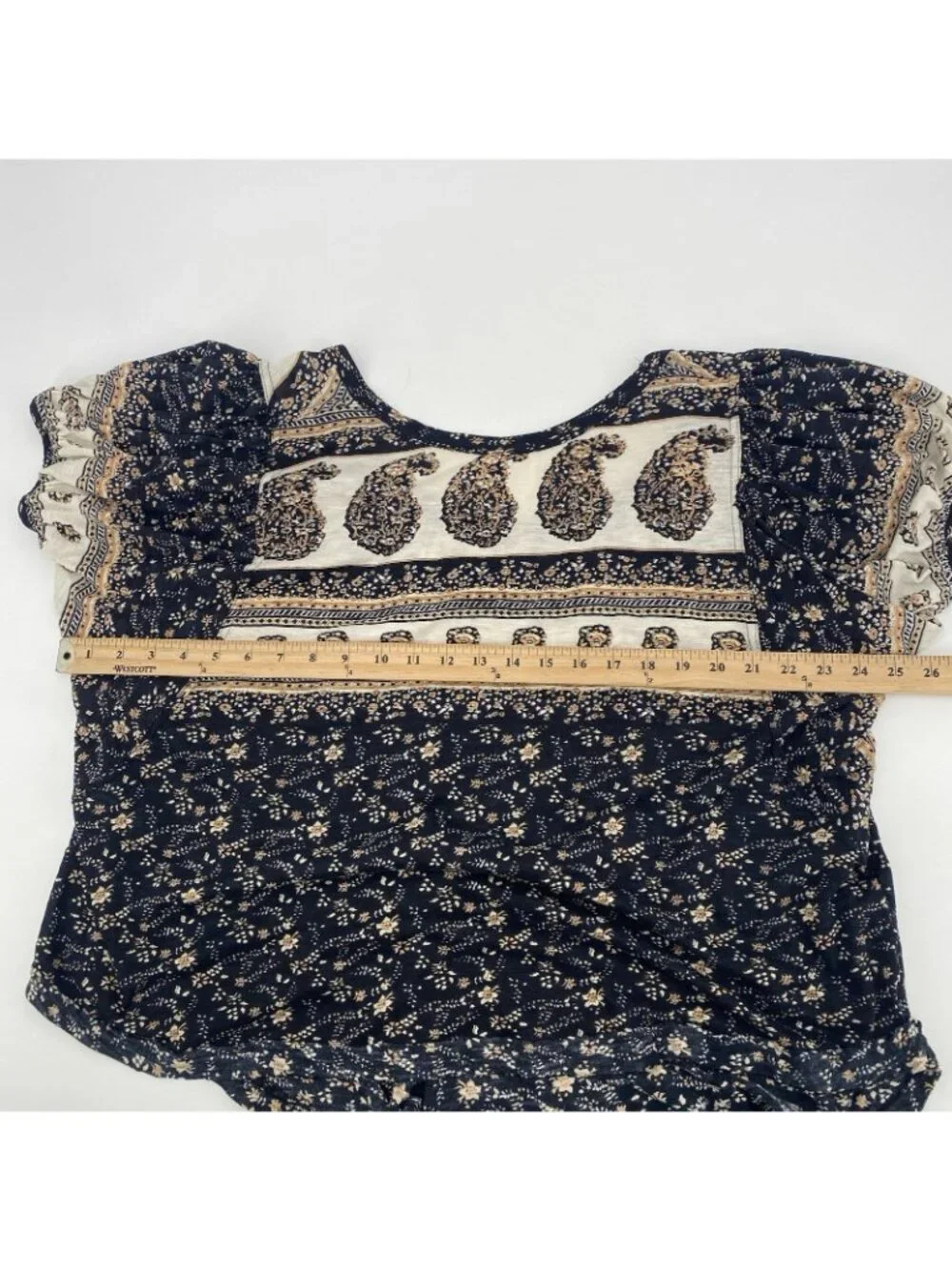 Free People Size M Paisley Puff Sleeve High Neck Black Low Scoop Back Shirt Top
